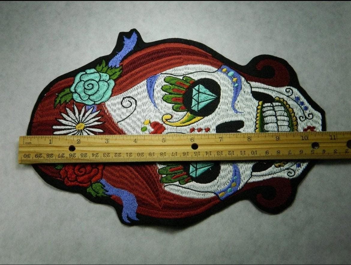 Sugar Skull Patch: Large Floral Embroidery with Diamond Eyes - Thumbnail 2
