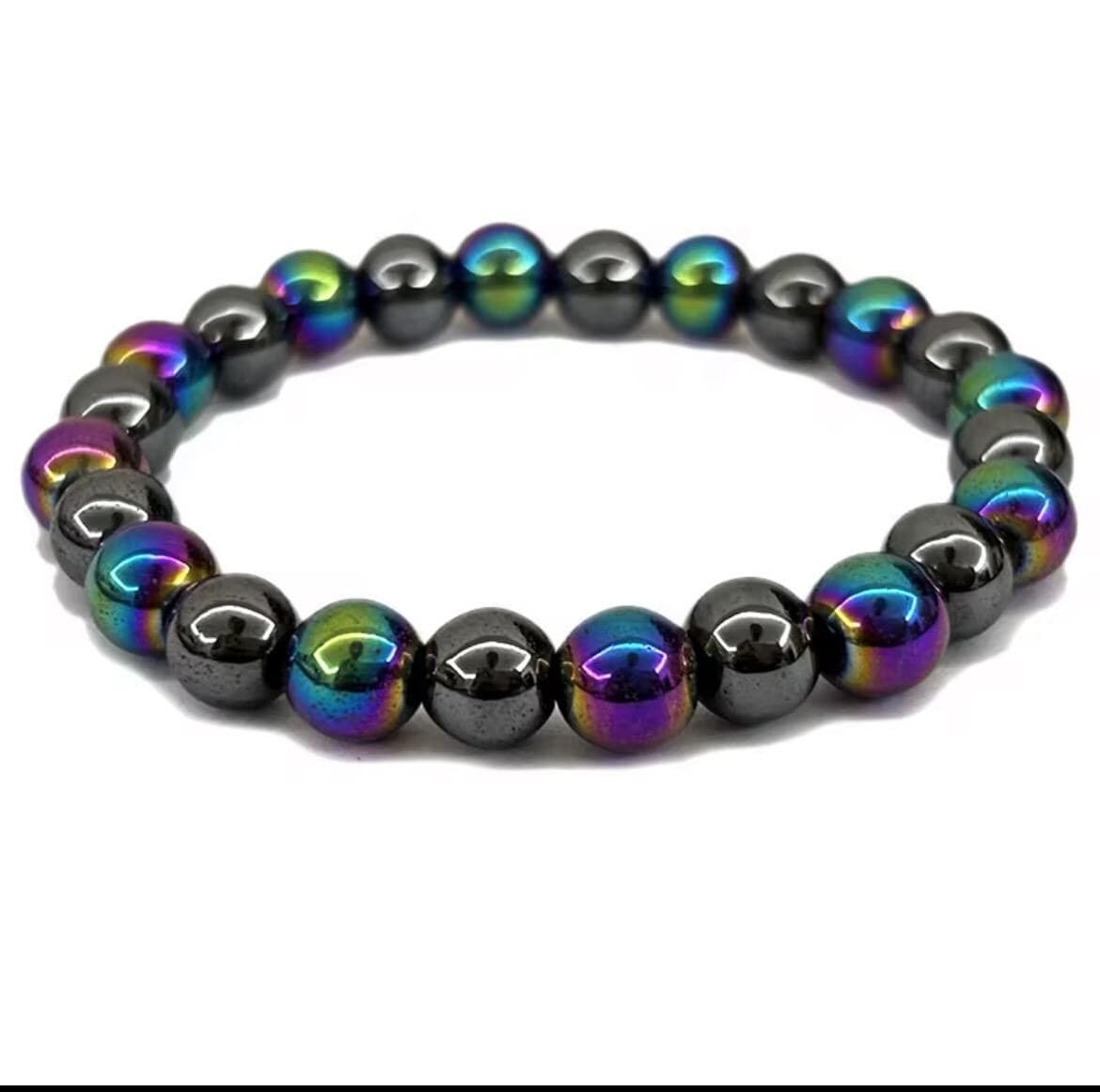 Rainbow Aura Hematite Bracelet Set, Lava Stone Diffuser, Grounding Jewelry - Thumbnail 8