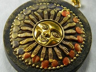 Bali Amulet Necklace 44 mm- Round Sandalwood with Brass Accents - Thumbnail 3