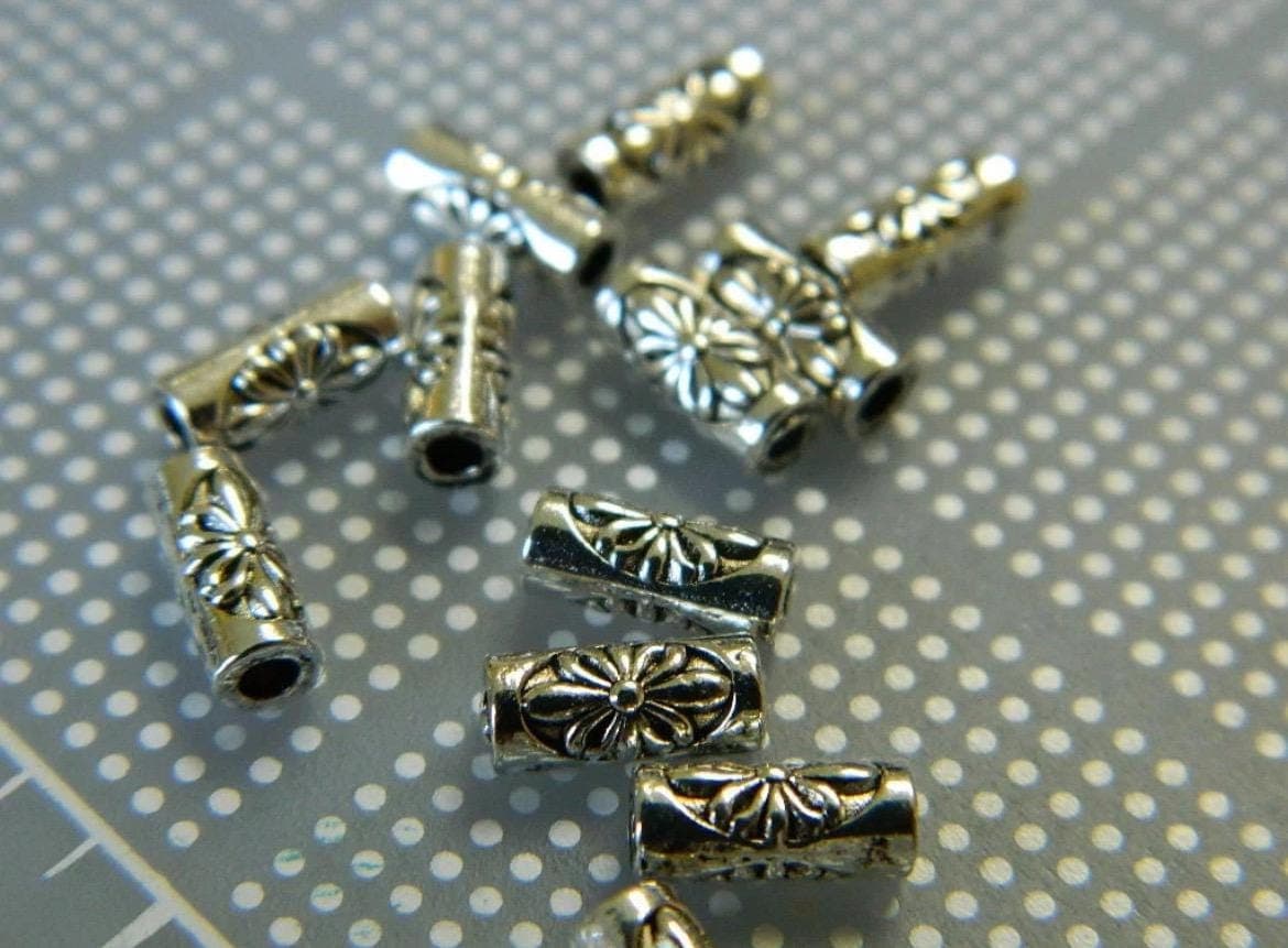 8mm Antique Tibetan Silver Tube Spacer Beads, Metal Alloy Jewelry Making Supplies - Thumbnail 2