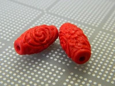 Carved Cinnabar Beads: Floral Red Barrel Shape (Handmade Set of 10) - Thumbnail 4