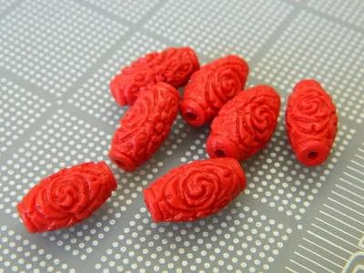 Carved Cinnabar Beads: Floral Red Barrel Shape (Handmade Set of 10) - Thumbnail 3