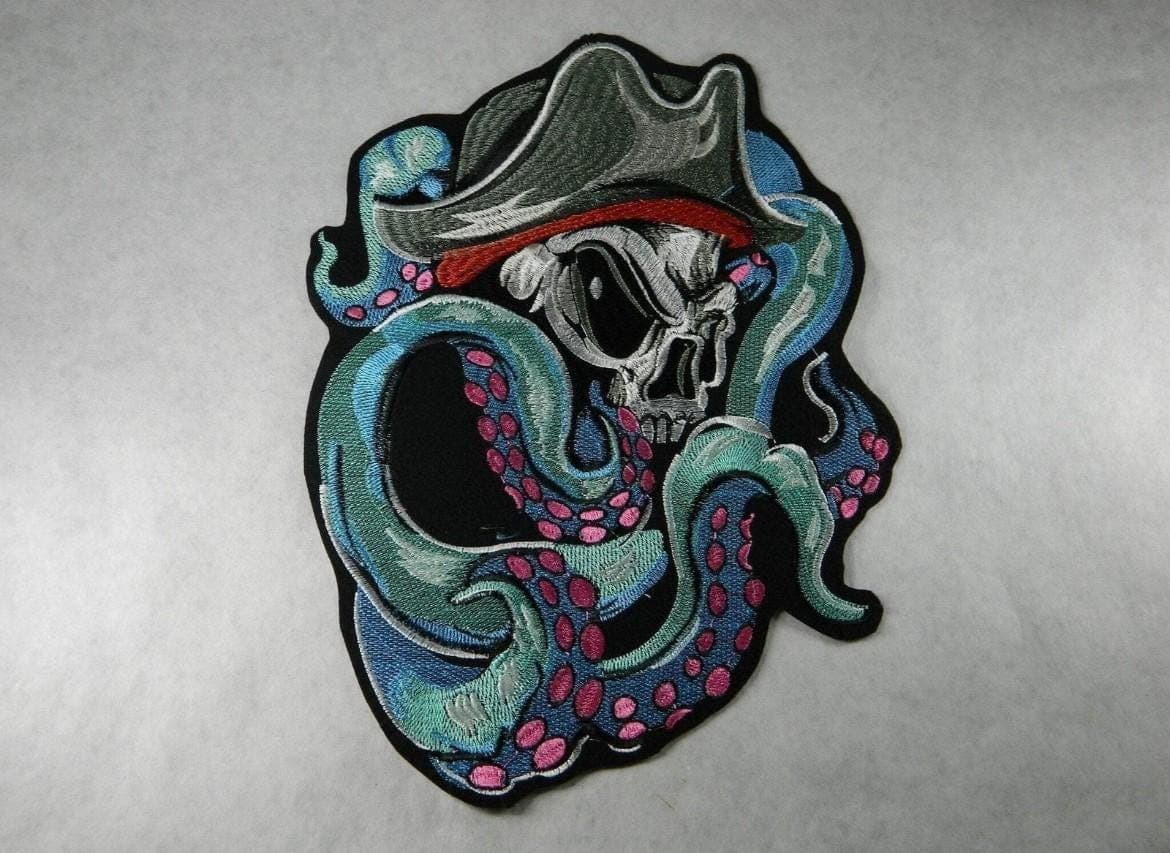 Pirate Skull Tentacle Patch, Embroidered Iron-On (Large Size, Handmade) - Image 1