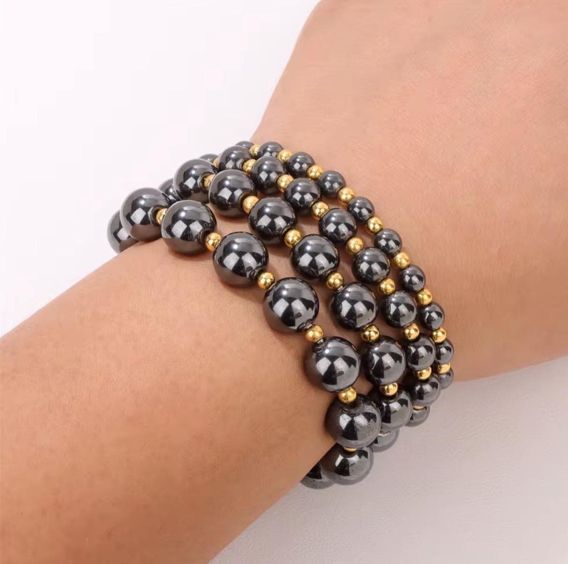 Natural Pyrite Stone Beaded Stretch Bracelet, Unisex - Thumbnail 6