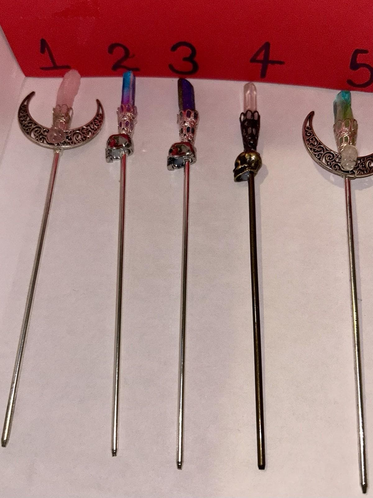 Skull Hair Wand: Pink Quartz and Silver Moon (Boho Gothic Style) - Thumbnail 3