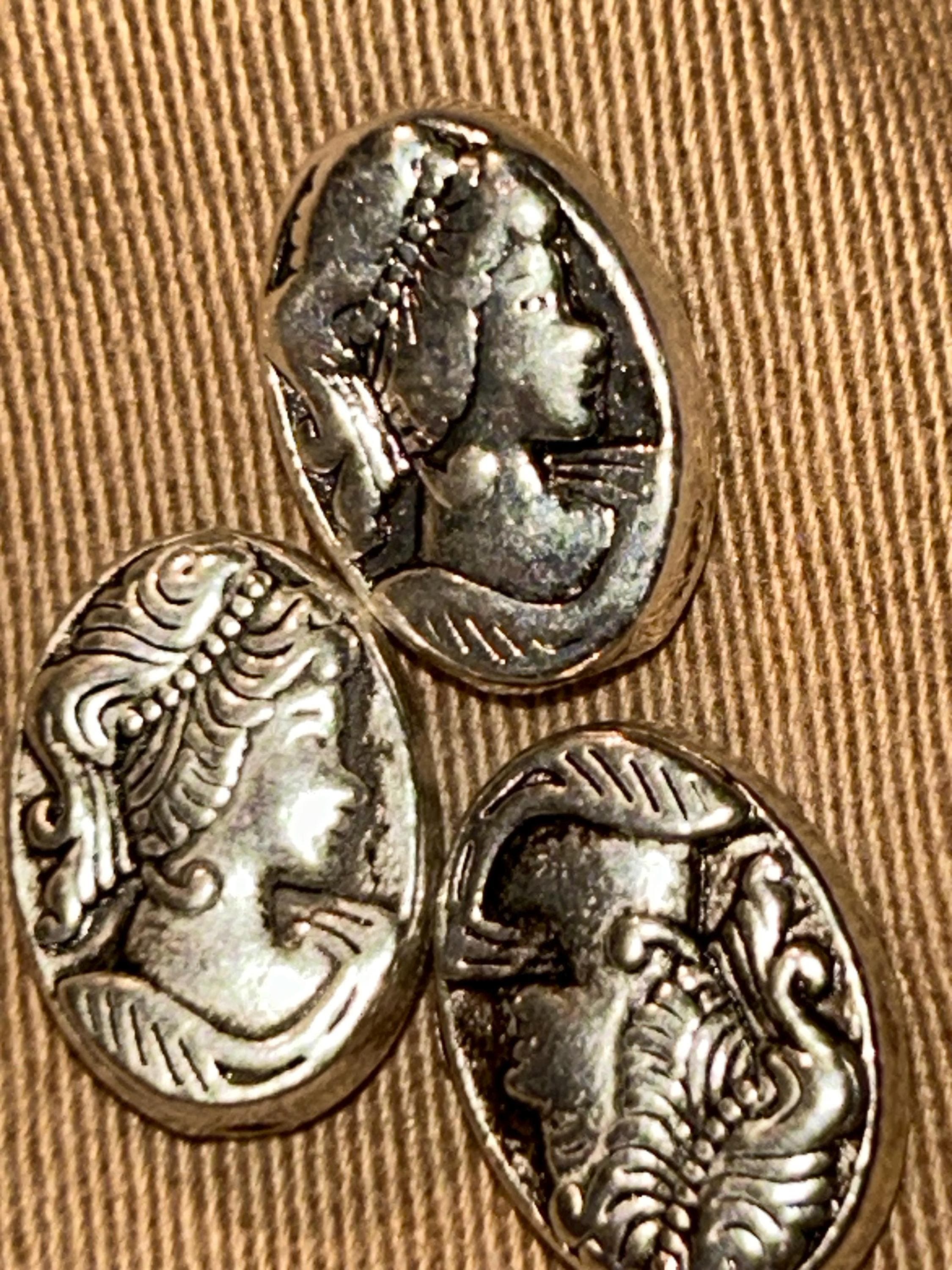Antique Silver Double-Sided Cameo Coin Beads – 14x10mm Greek Goddess Athena Replicas - Image 1