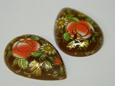 Vintage Floral Glass Cabochons: Brown Teardrop Pair (Flat Back) - Thumbnail 5