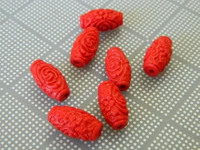 Carved Cinnabar Beads: Floral Red Barrel Shape (Handmade Set of 10) - Image 1