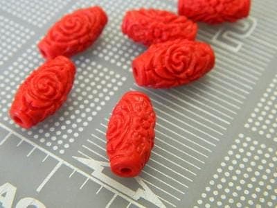 Carved Cinnabar Beads: Floral Red Barrel Shape (Handmade Set of 10) - Thumbnail 2