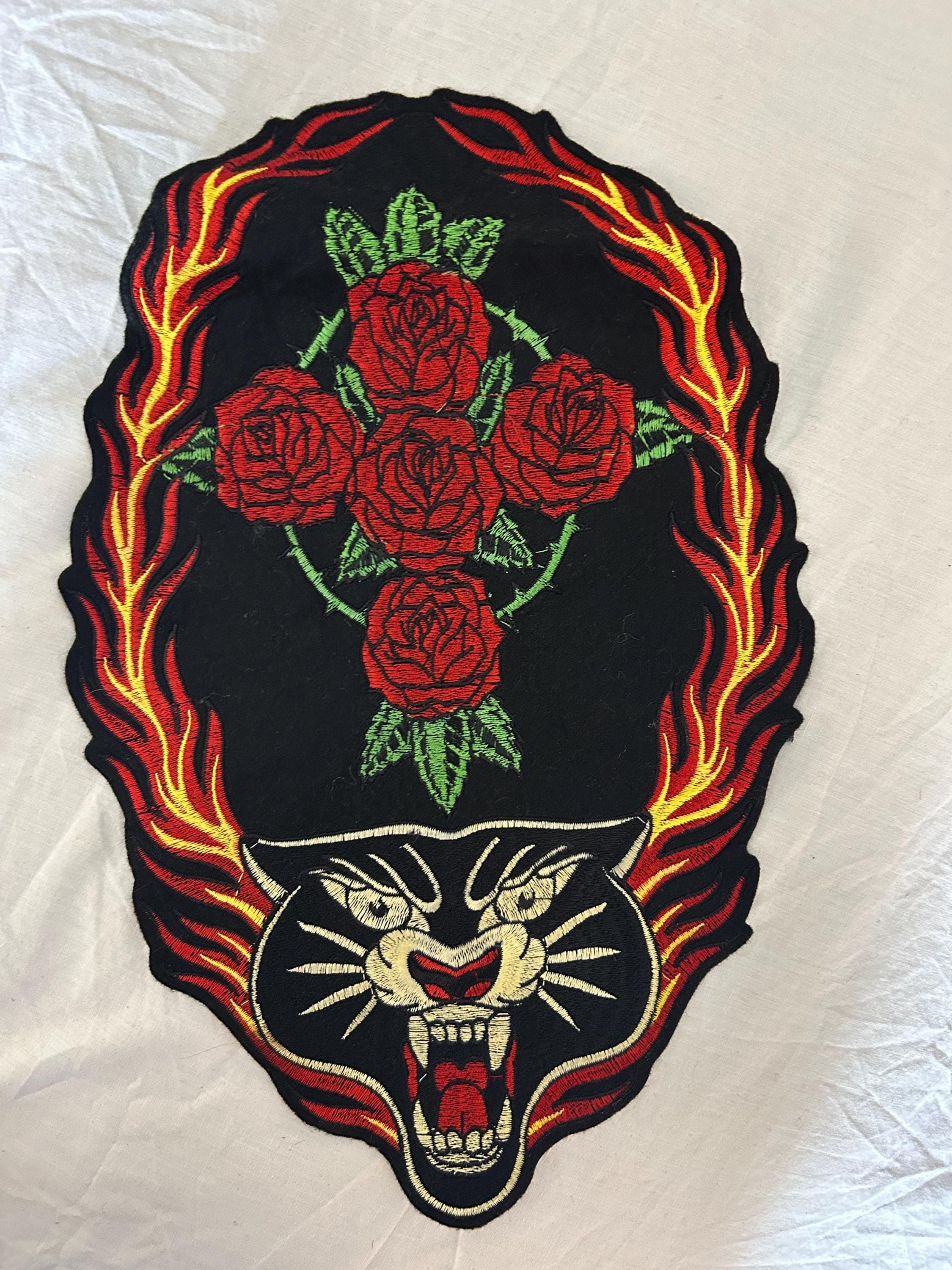 12 “ Embroidery patch mad cat with flames and roses - Image 1