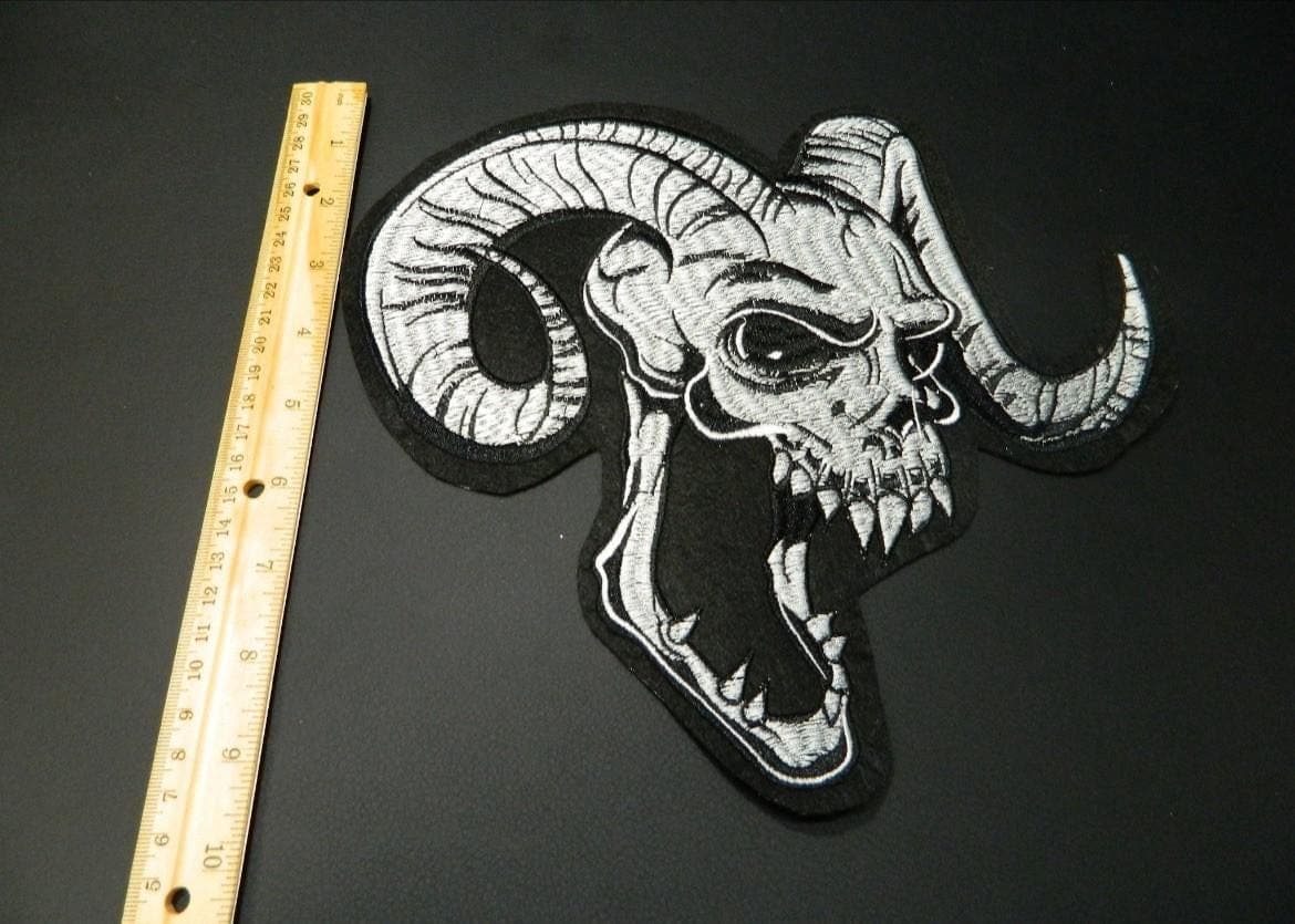 Horned Demon Patch: Black and White Iron-On (Large Embroidered Design) - Thumbnail 2