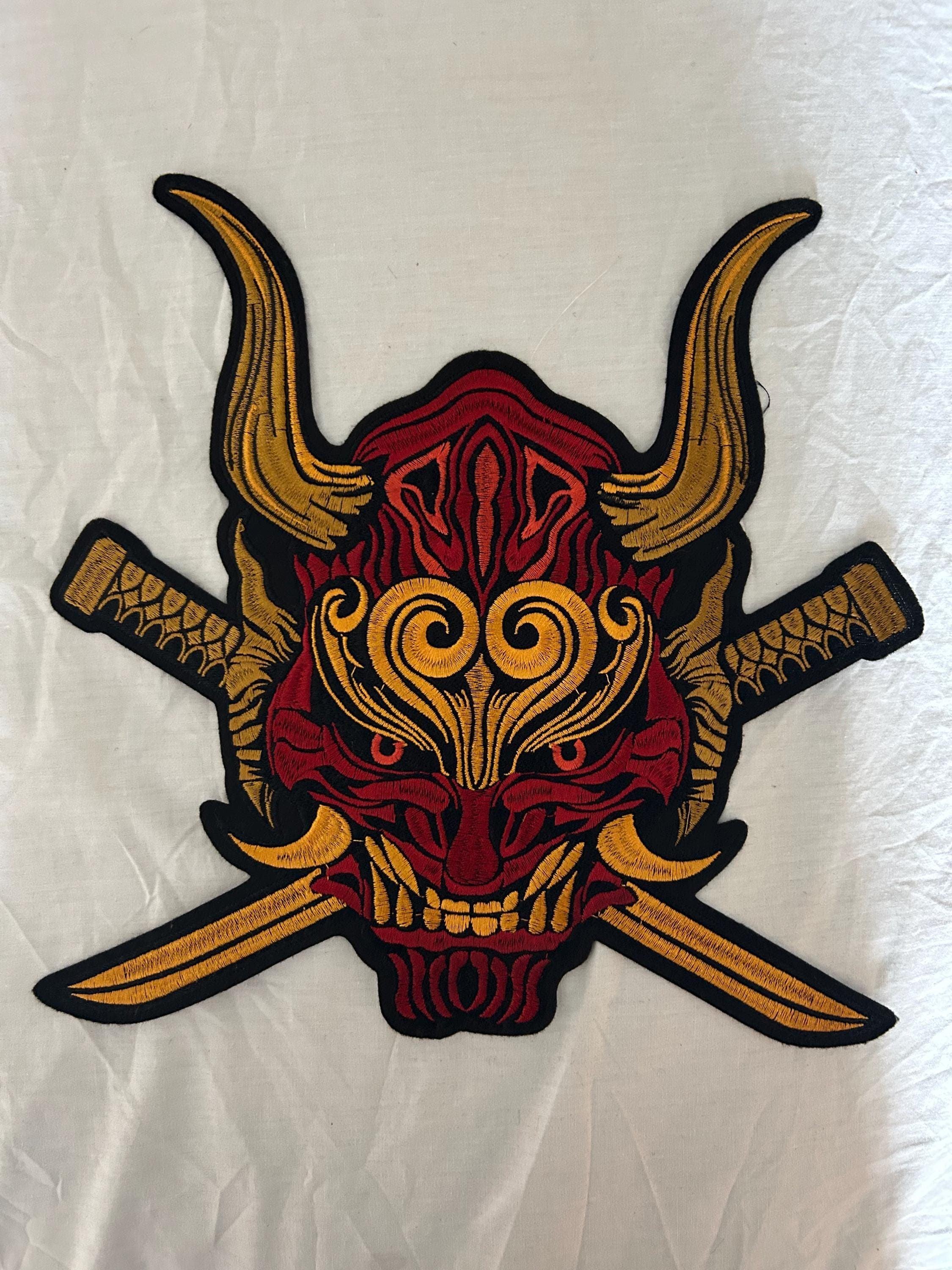 Red Dragon Mythical Iron-On Patch | Large Embroidered Appliqué with Crossed Swords - Image 1