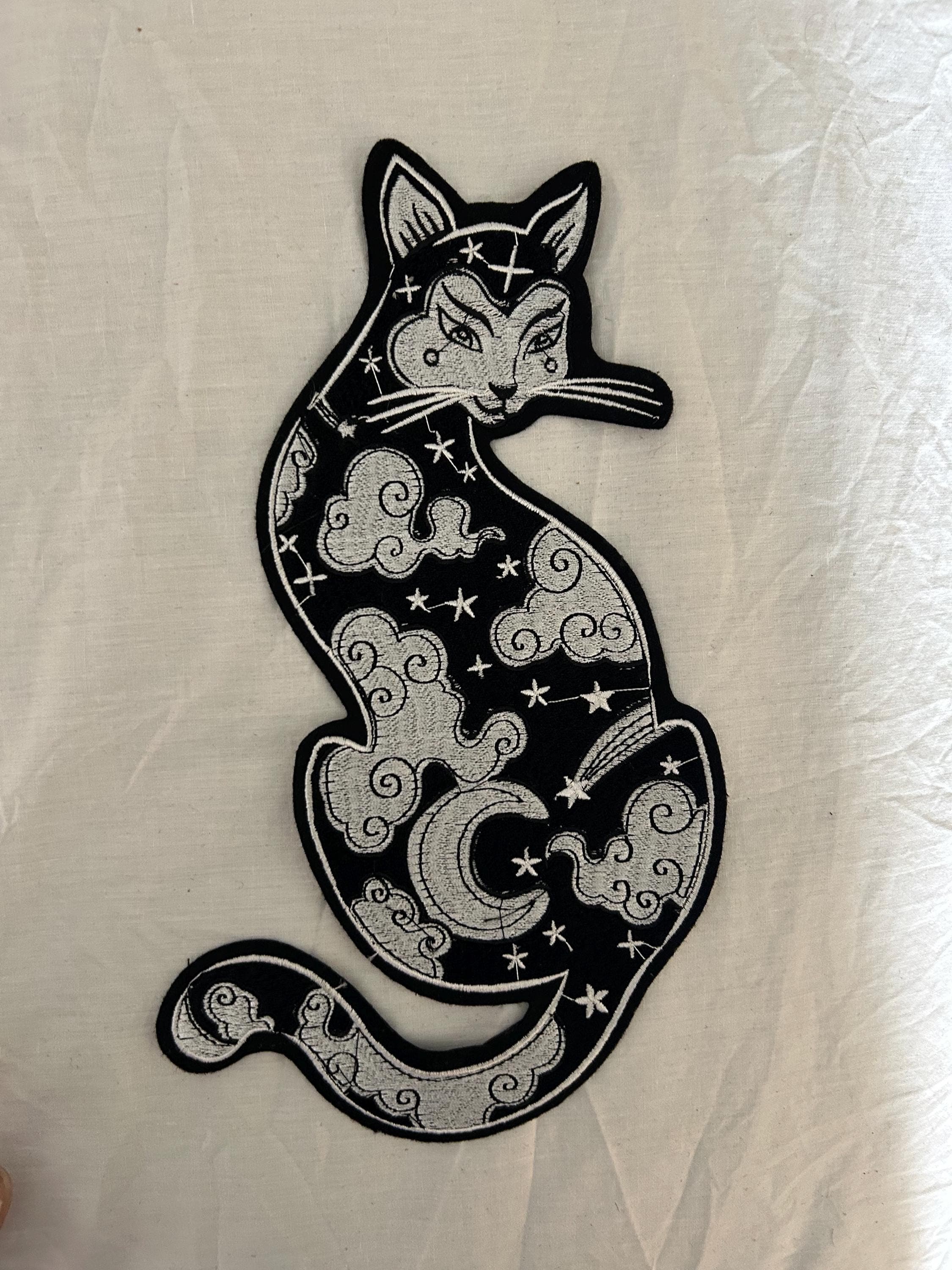 Large Black Cat with Crescent Moon Clouds and Stars Iron-On Patch 13”x6” - Image 1