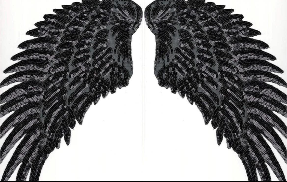 Black Sequin Angel Wings Patch: Large Embroidered Iron-On - Thumbnail 2