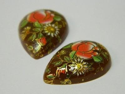 Vintage Floral Glass Cabochons: Brown Teardrop Pair (Flat Back) - Thumbnail 7