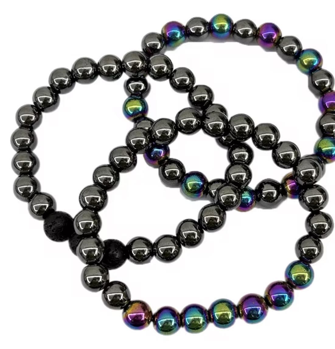 Rainbow Aura Hematite Bracelet Set, Lava Stone Diffuser, Grounding Jewelry - Thumbnail 7