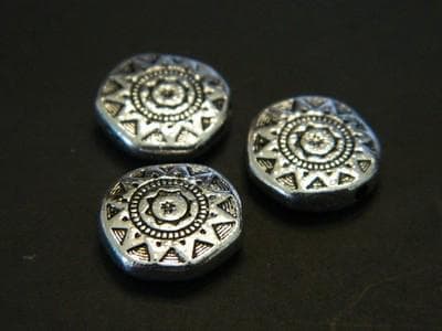 Tribal Sun Pewter Beads: Silver Tone Flat Coin, 13mm-25 beads per order - Thumbnail 4