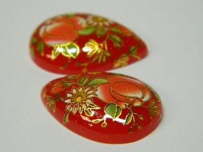 Floral Glass Cabochons: Vintage Red Prints (Teardrop, 3pcs) - Thumbnail 3