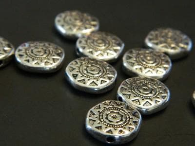 Tribal Sun Pewter Beads: Silver Tone Flat Coin, 13mm-25 beads per order - Thumbnail 3