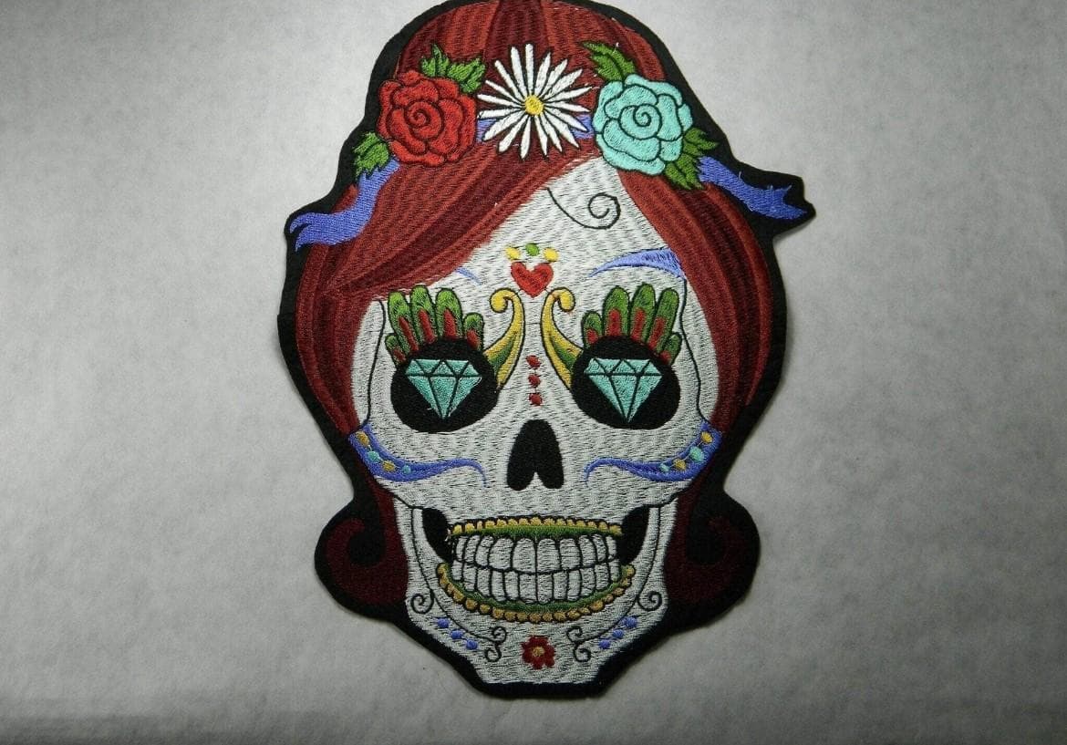 Sugar Skull Patch: Large Floral Embroidery with Diamond Eyes - Image 1