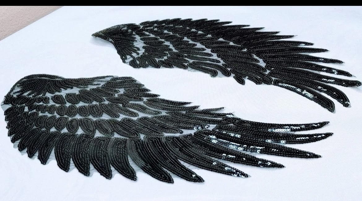 Black Sequin Angel Wings Patch: Large Embroidered Iron-On - Image 1