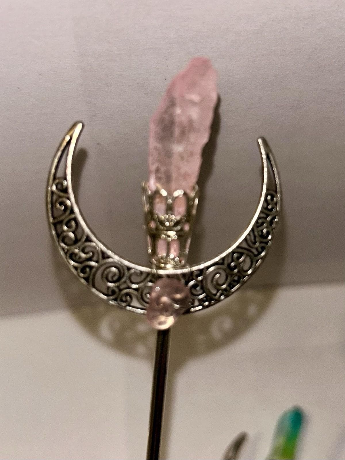 Skull Hair Wand: Pink Quartz and Silver Moon (Boho Gothic Style) - Thumbnail 6