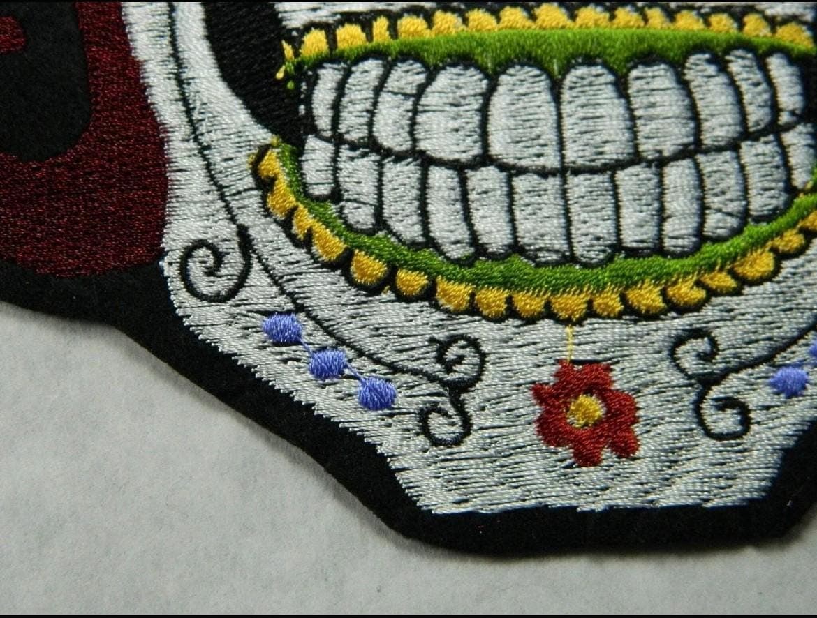 Sugar Skull Patch: Large Floral Embroidery with Diamond Eyes - Thumbnail 3