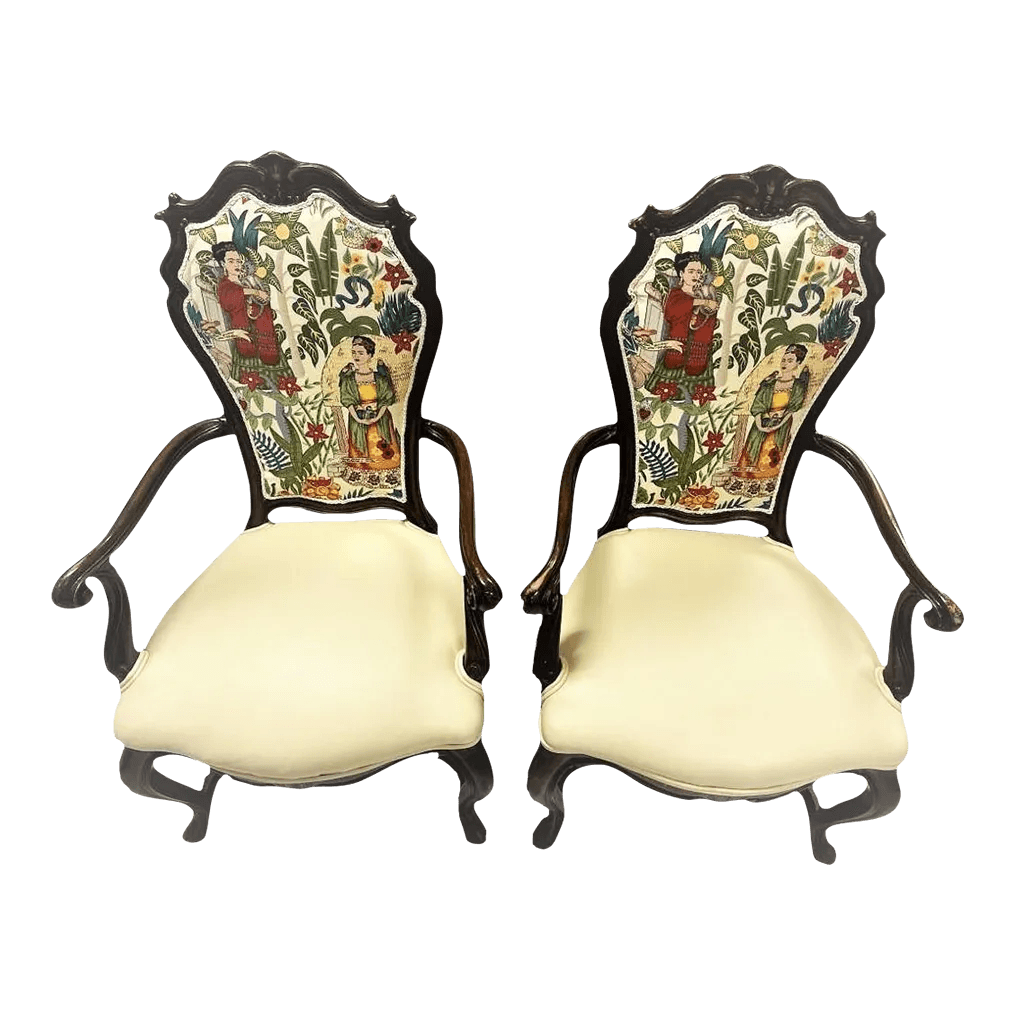 Pair of Vintage Karges Fauteuils With New Leather and 'Frida's Garden' Chintz Upholstery - Thumbnail 2
