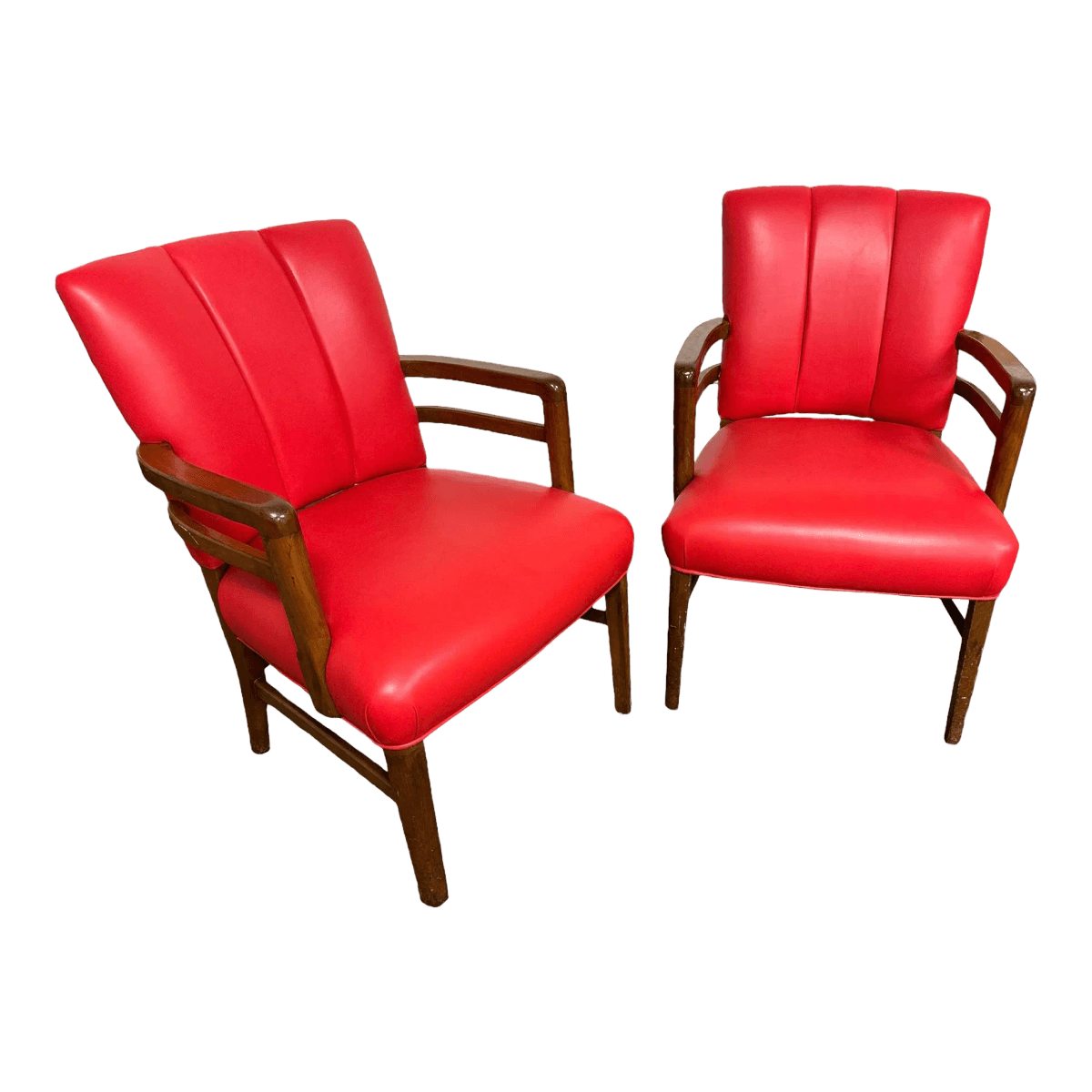 Pair of Vintage Gunlocke Channel Back Chairs With New Red Goatskin Leather Upholstery - Circa 1950s - Thumbnail 2