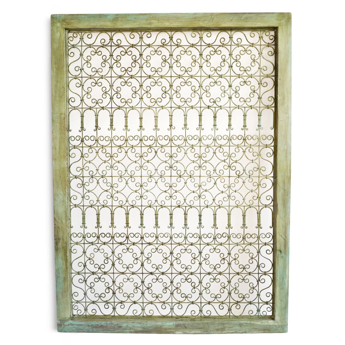Large Green Wood Framed Open Iron Screen - Thumbnail 2