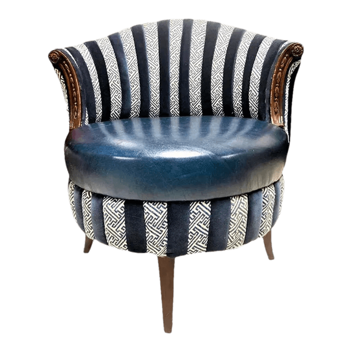 Mid 20th Century Round Accent Chair Reupholstered With Blue Velvet and Greek Key Fabric - Thumbnail 2