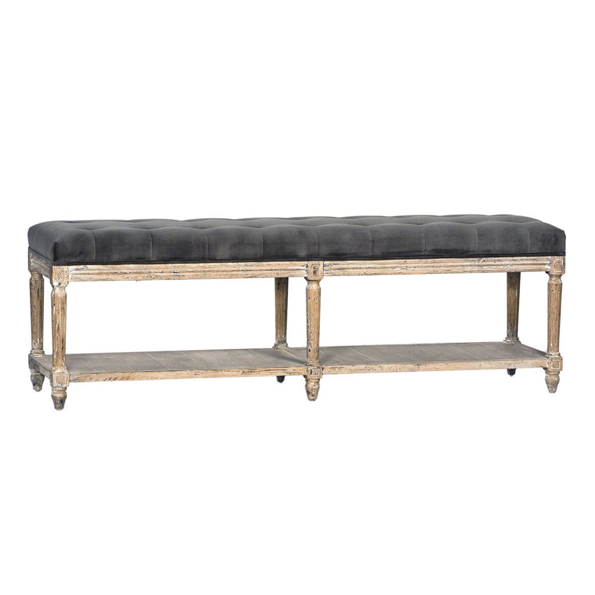Grey Velvet Tufted Shelf Bench - Thumbnail 2