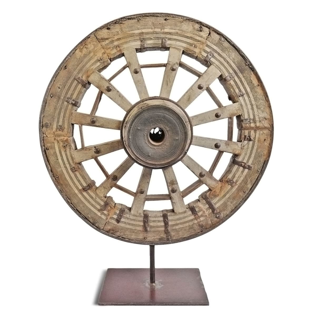 Antique Ox Cart Wheel on Stand - Thumbnail 2