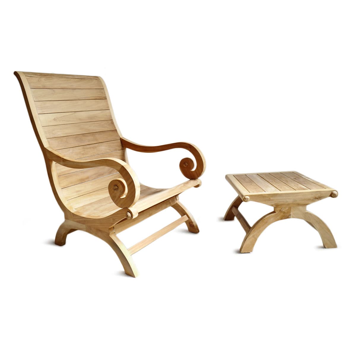 Outdoor Teak Scroll Arm Chair & Ottoman - Thumbnail 2