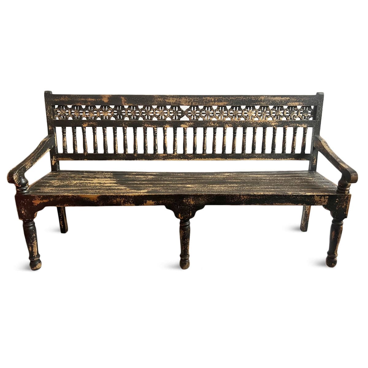 Vintage Colonial Black Crackle Bench - Thumbnail 2