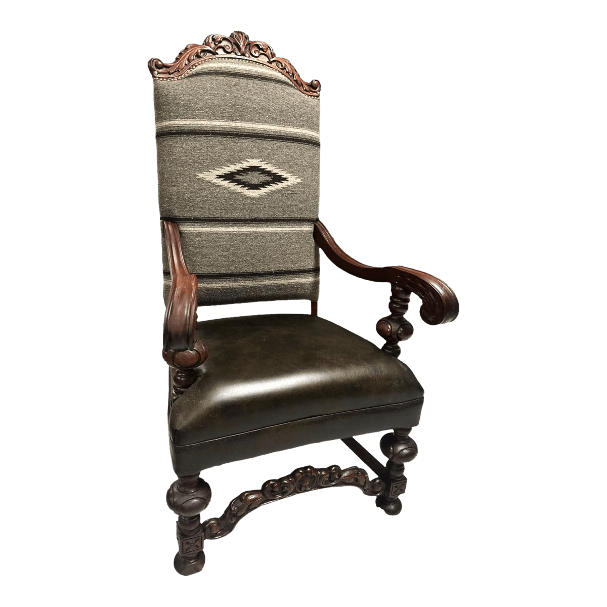Antique Carved Hacienda Chair Upholstered With Oaxaca Wool Tapestry and Leather - Thumbnail 2