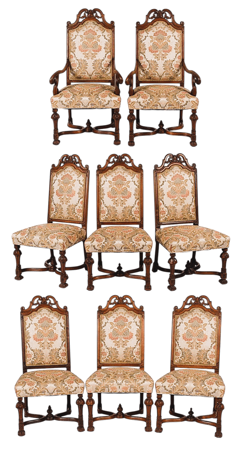 Set of Eight Antique 19th Century French Baroque Carved Walnut and Upholstery Dining Chairs - Thumbnail 2