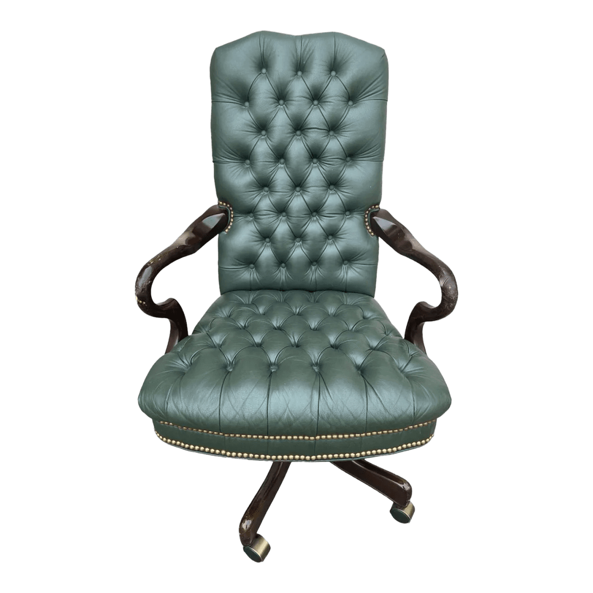 Early 21st Century Green Tufted Leather and Cherry Wood Executive Swivel Chair - Thumbnail 2