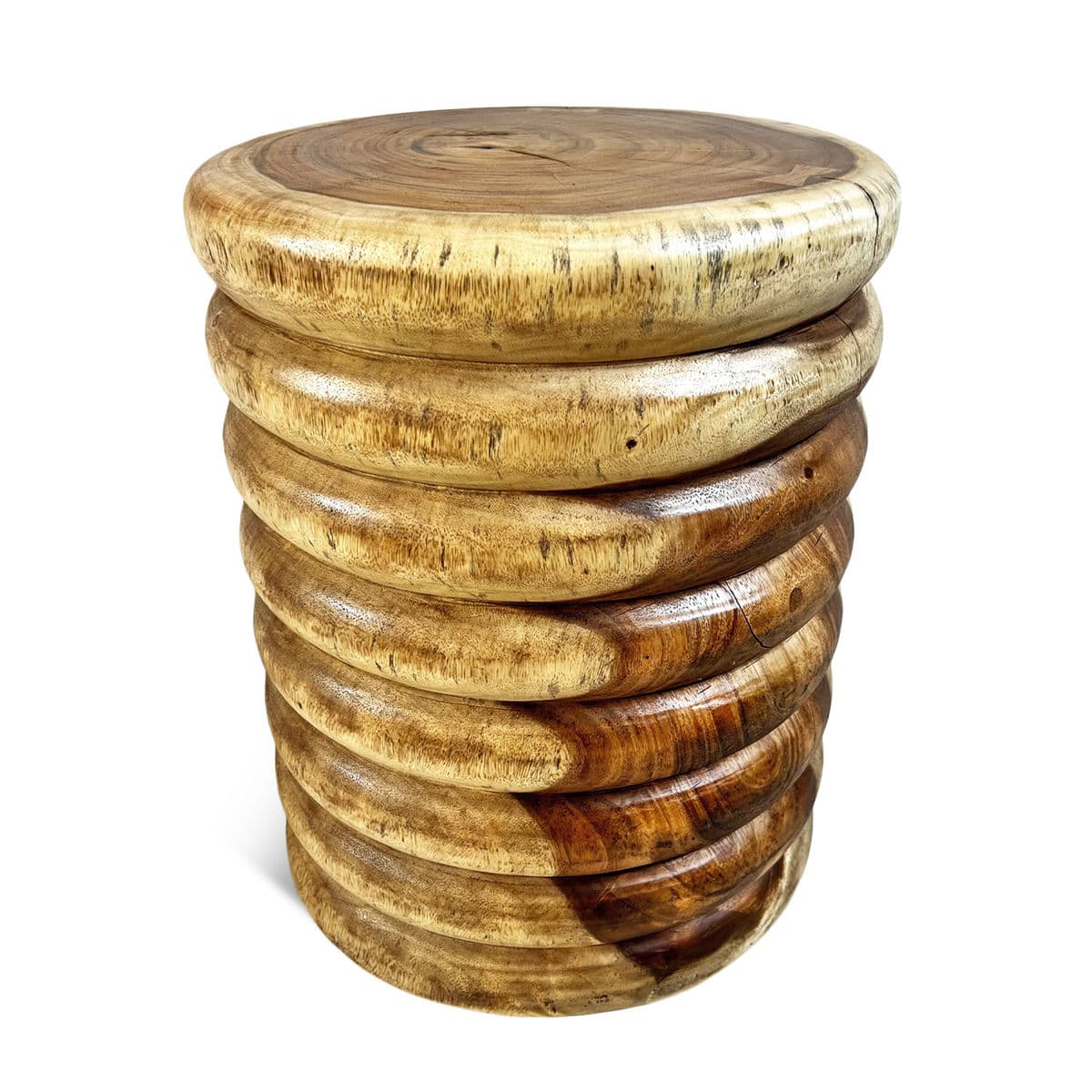Monkey Pod Ribbed Wood End Table Stool - Thumbnail 2
