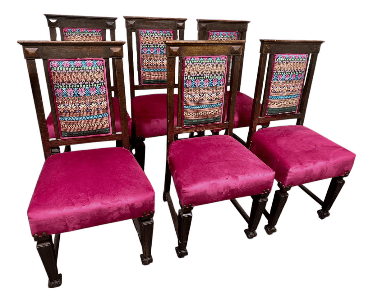 Early 20th Century Edwardian English Oak Dining Chairs With Vivid Mexican Embroidery Upholstery - Set of 6 - Thumbnail 2