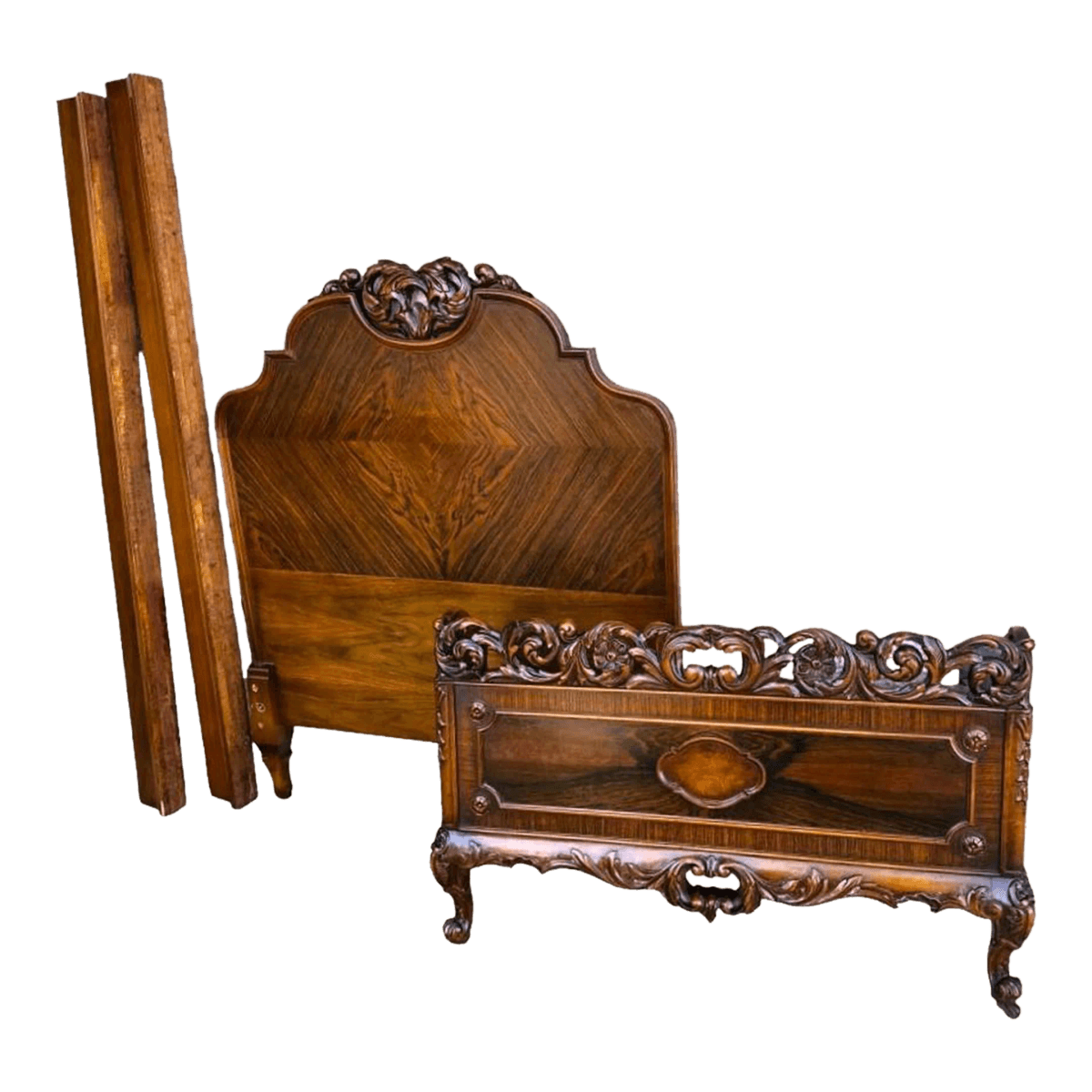 Antique Rococo Heavily Carved Burlwood and Walnut Bed Attributed to Kindel Grand Rapids - Twin Size - Circa 1910 - Thumbnail 2