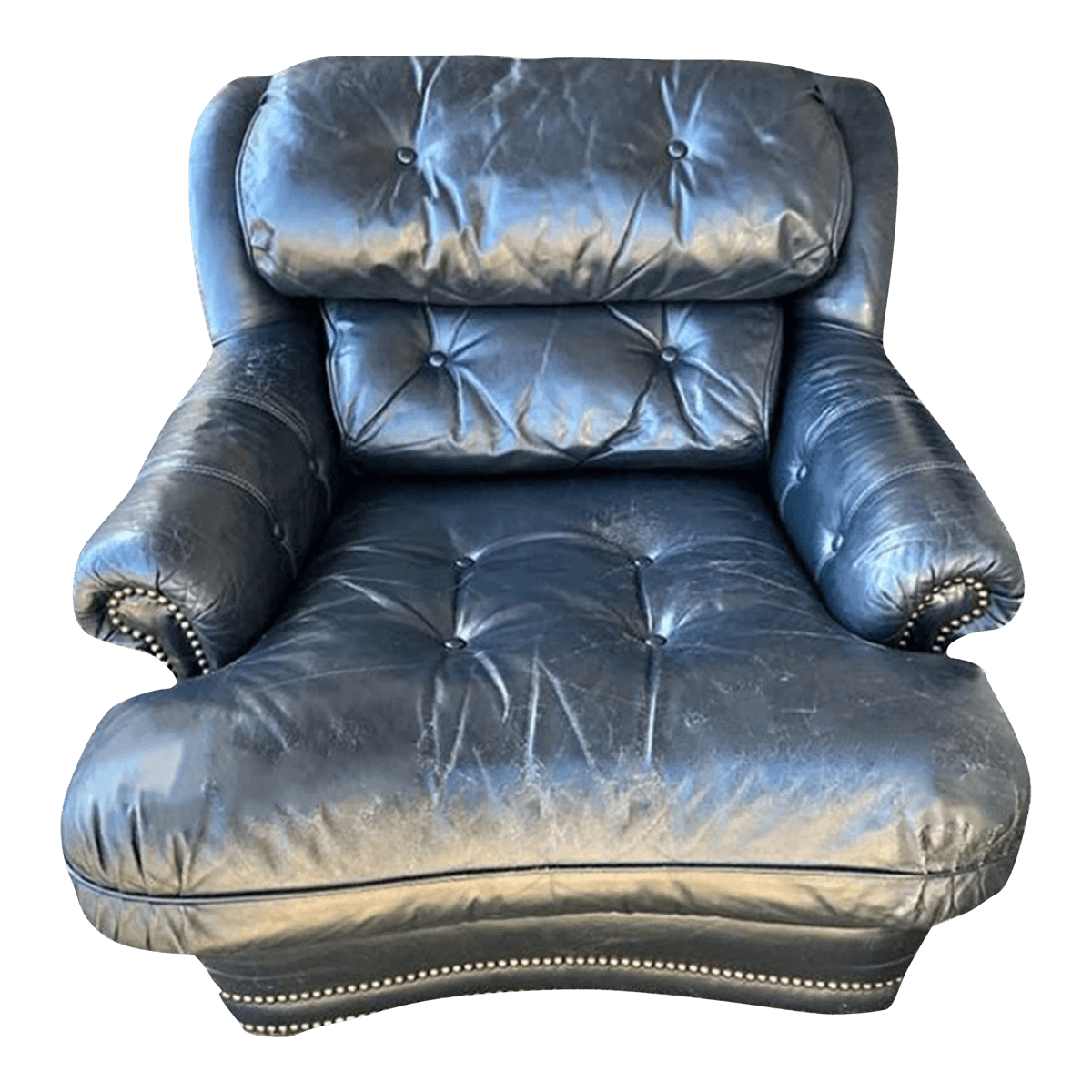 Vintage Button Tufted Leather Dark Blue Chair Made in North Carolina - Late 20th Century - Thumbnail 2
