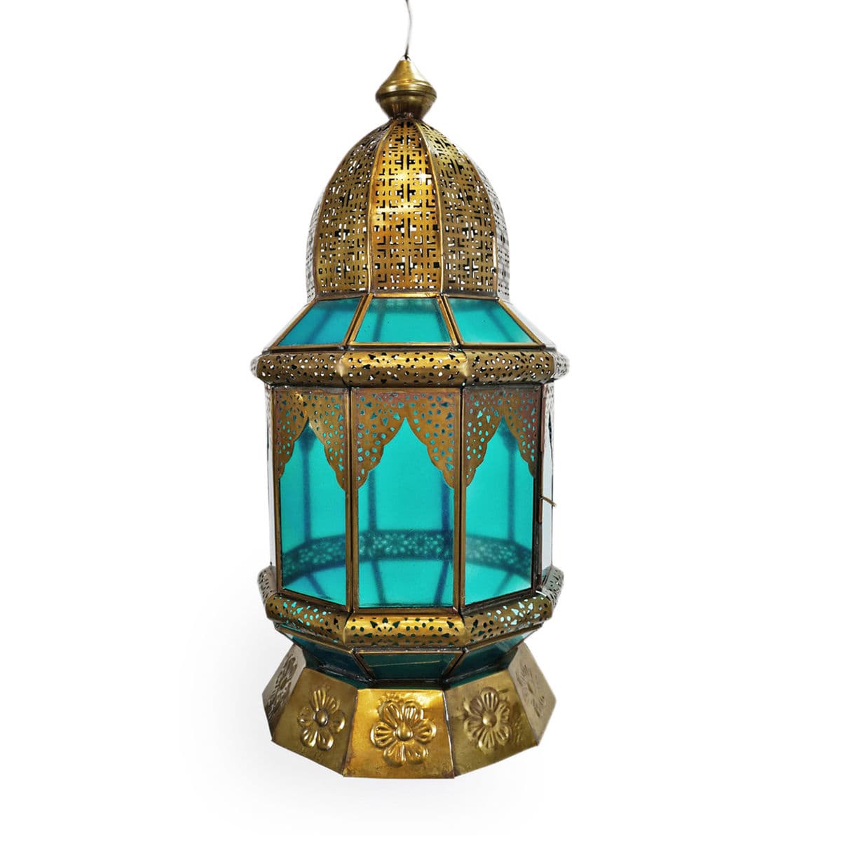 Moorish Brass & Turquoise Glass Lantern - Thumbnail 2
