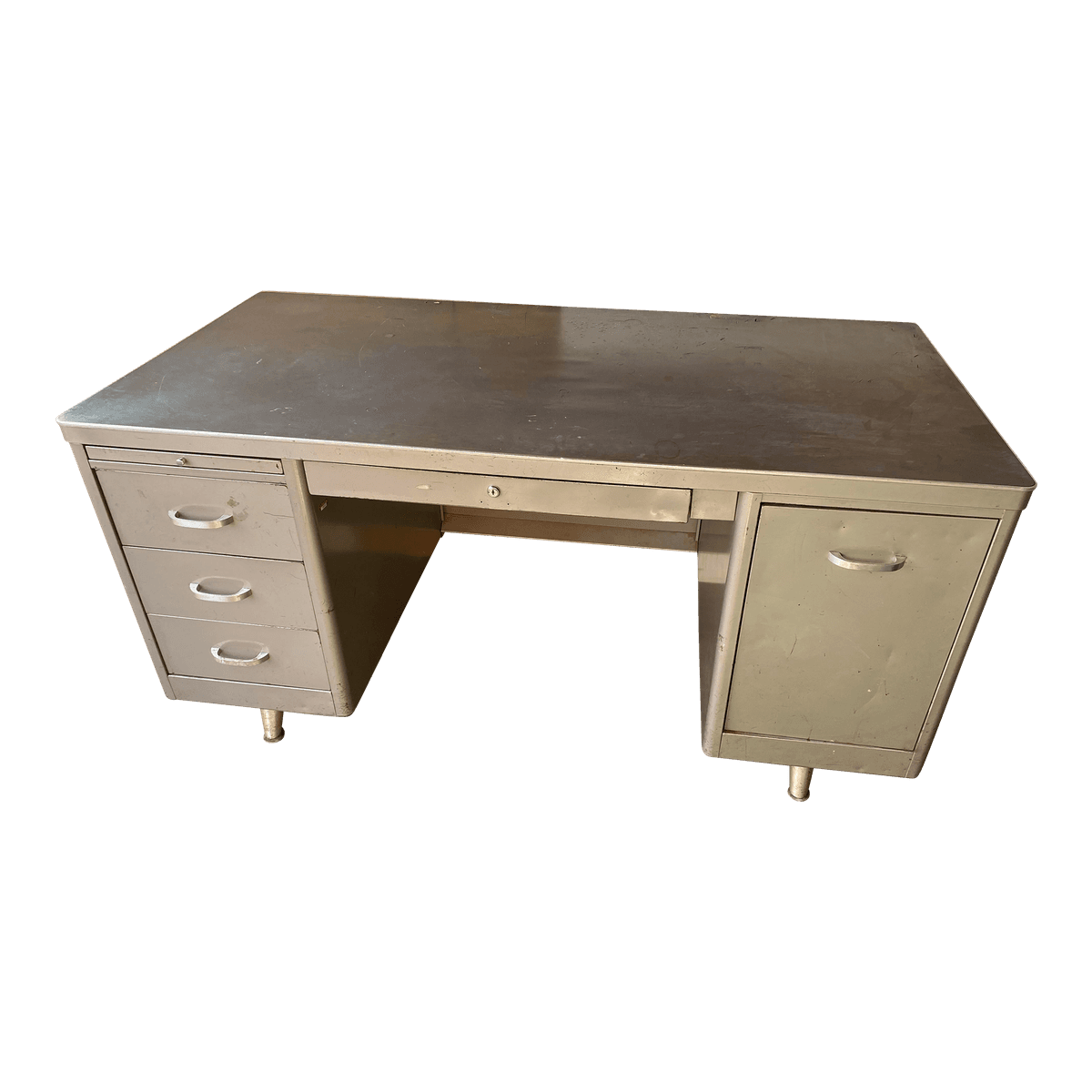 1960s Vintage Metal Tanker Desk With Typewriter Shelf - Thumbnail 2