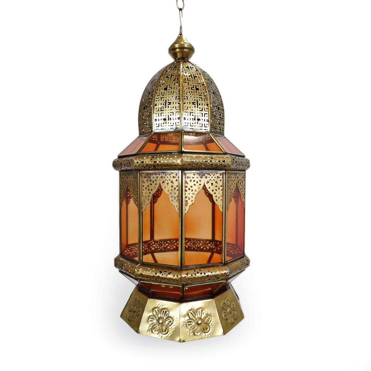 Moorish Brass & Orange Glass Lantern - Thumbnail 2