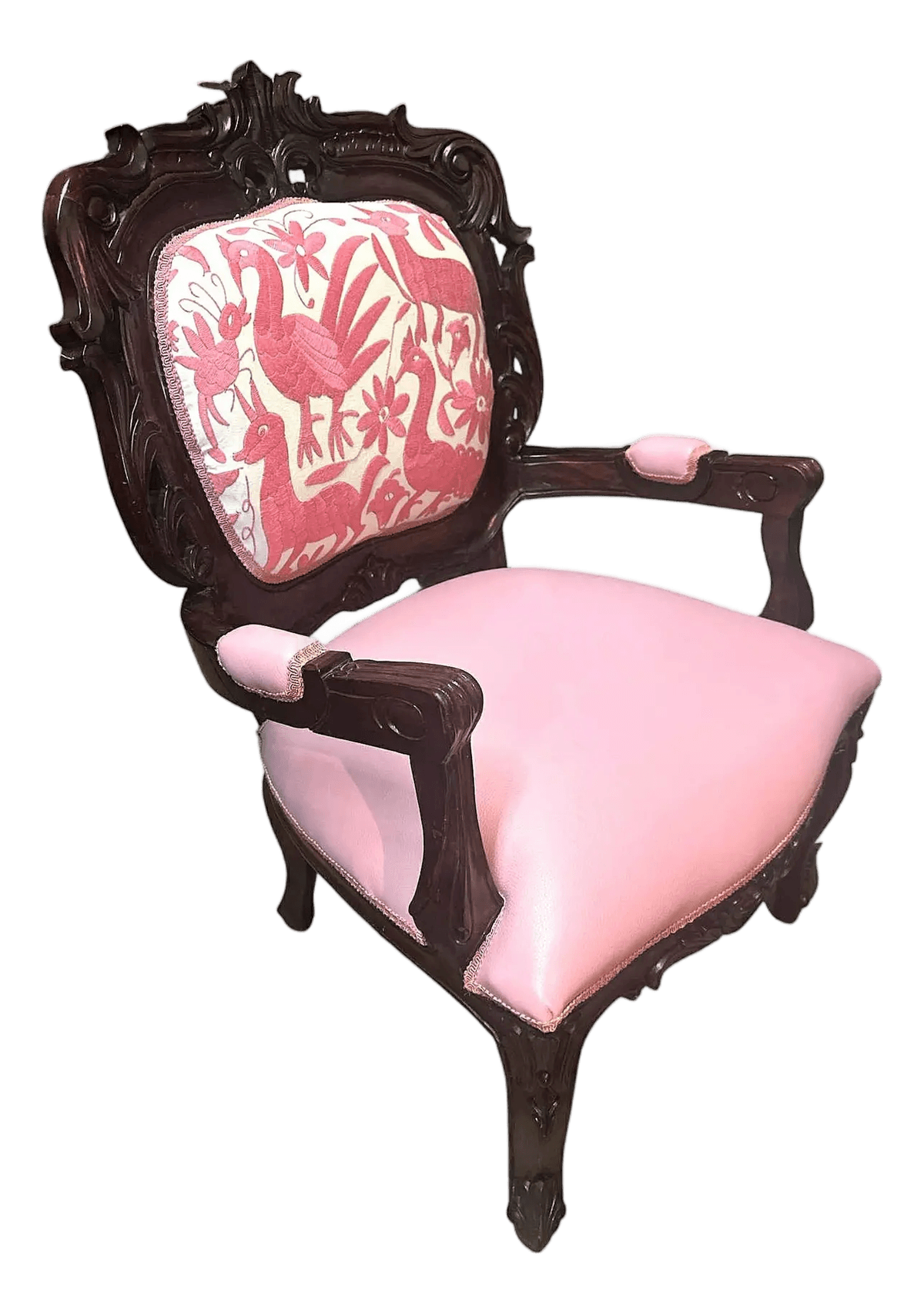 ‘Empress Carlota’ Mahogany Fauteuil - Circa 1860s With New Leather and Otomi Hand Embroidery Upholstery - Thumbnail 2