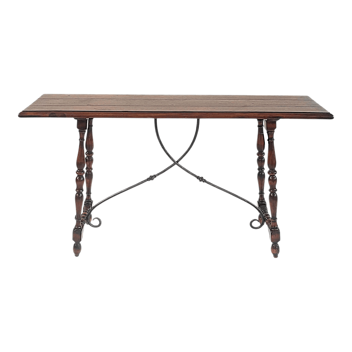 Spanish 60" Console Table With Scrolling Iron Stretcher and Vasiform Legs - Early 20th Century - Thumbnail 2