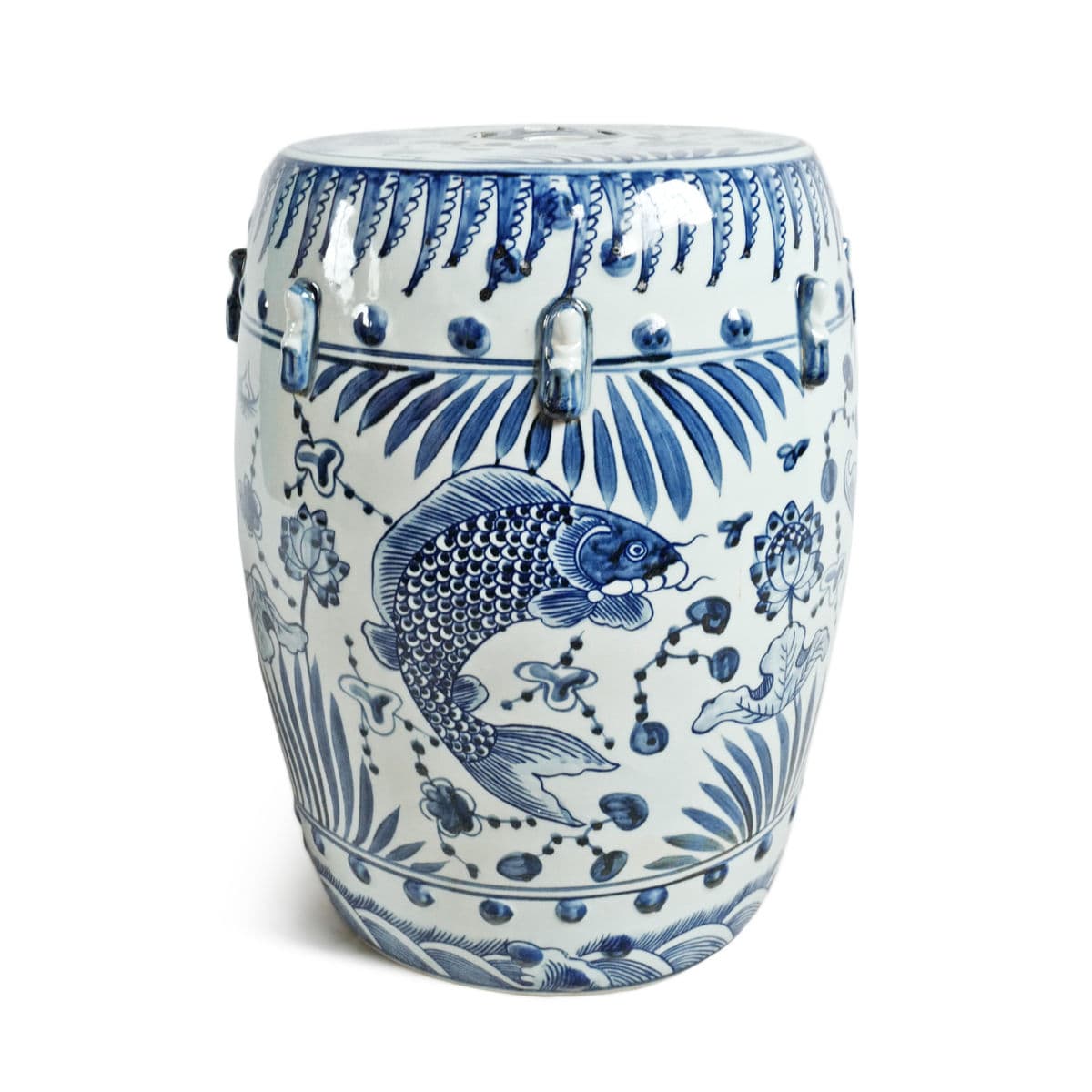 Indigo Blue Fish Floral Ceramic Stool - Thumbnail 2
