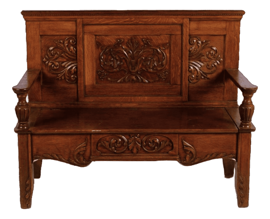 Antique Edwardian Carved High Back Monk's Bench With Storage - Thumbnail 2