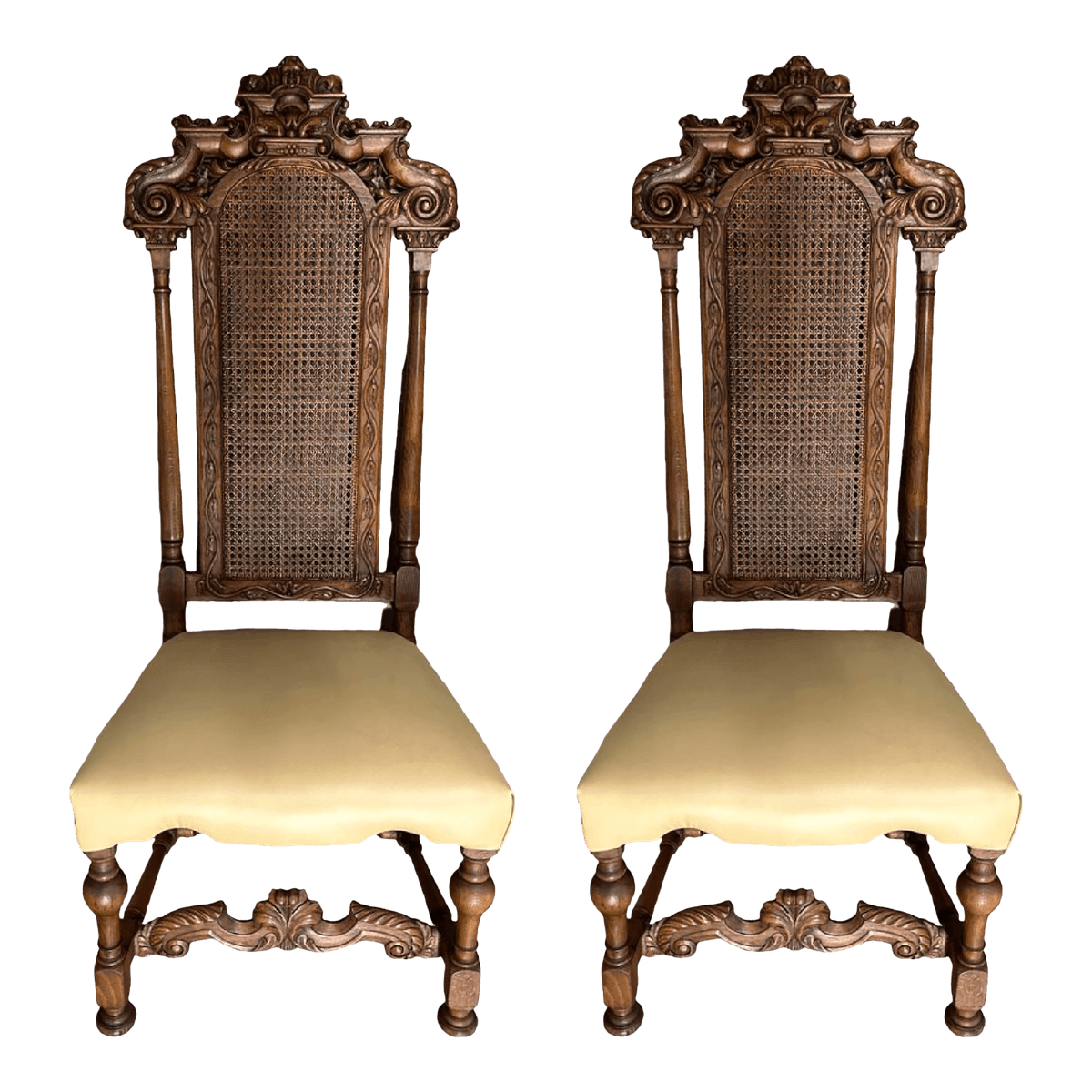 Antique 19th Century Ornately Carved Oak and Caning Renaissance Revival Chairs With New Leather Seat Upholstery - a Pair - Thumbnail 2